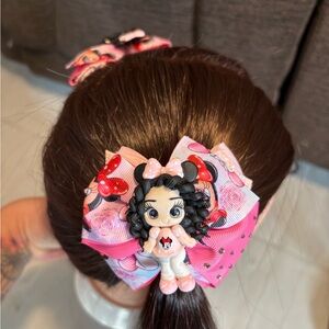 Pink and Black Kids Hair Bow with Character Design